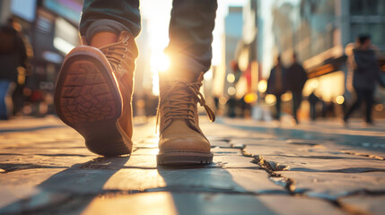 A person wearing bright yellow boots is standing on a city street sidewalk - obrazy, fototapety, plakaty
