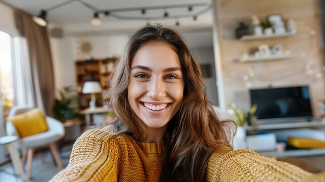A young woman with a radiant smile wearing a cozy yellow sweater in a modern living room with natural light.