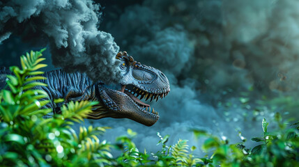 A dinosaur with its jaws wide open, roaring against a cloudy sky