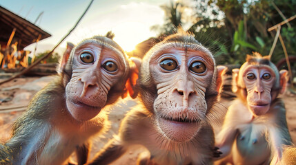 A cluster of monkeys standing alongside each other