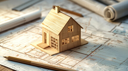 A wooden model of a house placed on top of blueprints, symbolizing real estate, sale, rental, and mortgage planning