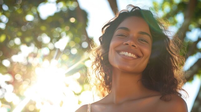 A radiant woman with a warm smile standing in the sun with her hair softly blowing surrounded by a bright sunlit and blurred natural backdrop.