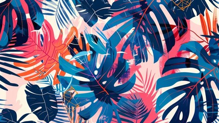 Fototapeta na wymiar Beautiful seamless vector floral pattern background with palm tropical leaves and abstract forms. Abstract geometric texture. Perfect for wallpapers, web page backgrounds, surface textures, textile
