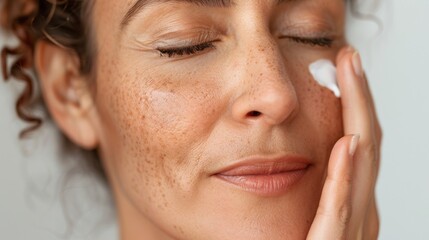 Obraz premium A woman with closed eyes applying a white substance to her face possibly a skincare product with a gentle and focused expression.