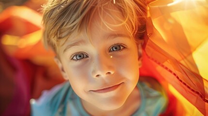 Fototapeta na wymiar A young child with bright blue eyes and blonde hair smiling and looking directly at the camera with a warm blurred background of orange and yellow hues.