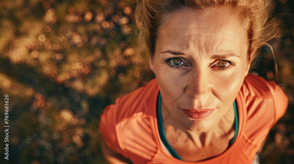 Wall mural A woman with a focused expression wearing an orange top standing in a blurred natural setting with sunlight filtering through the leaves.