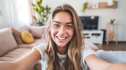 Obraz premium Smiling woman with long blonde hair taking a selfie in a cozy living room with a comfortable couch a potted plant and a TV in the background.