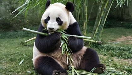 A Giant Panda Nibbling On A Bundle Of Bamboo