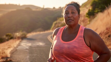 Fototapeta premium A woman in an orange tank top jogging on a road with a scenic mountain backdrop during sunset.
