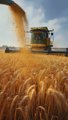 A scene of wheat harvesting with a combine machine and collecting the yield in a trolley.