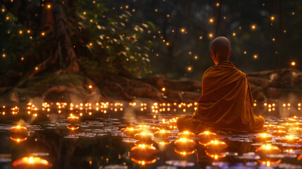 With glowing lanterns scattered, a monk meditates by a pond, embracing tranquility amidst the dusk