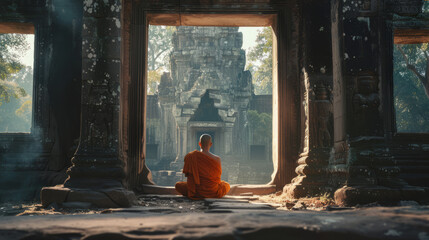 A serene image capturing a monk in deep meditation among the atmospheric ruins of an ancient temple Forest, light rays, and sculptures enhance the scene - obrazy, fototapety, plakaty