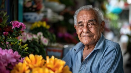 An elderly man with a warm smile surrounded by a vibrant array of colorful flowers exuding a sense of joy and contentment.