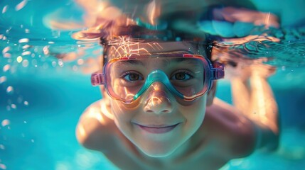 A young child wearing goggles smiling underwater with bubbles around them enjoying swimming in a pool.