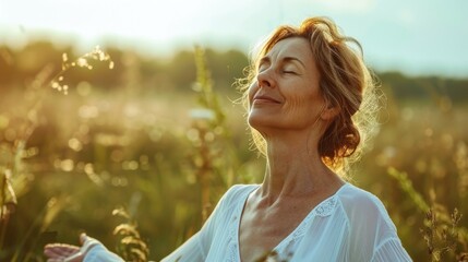 A woman in a white blouse with her eyes closed smiling and enjoying the serenity of a golden field at sunset.