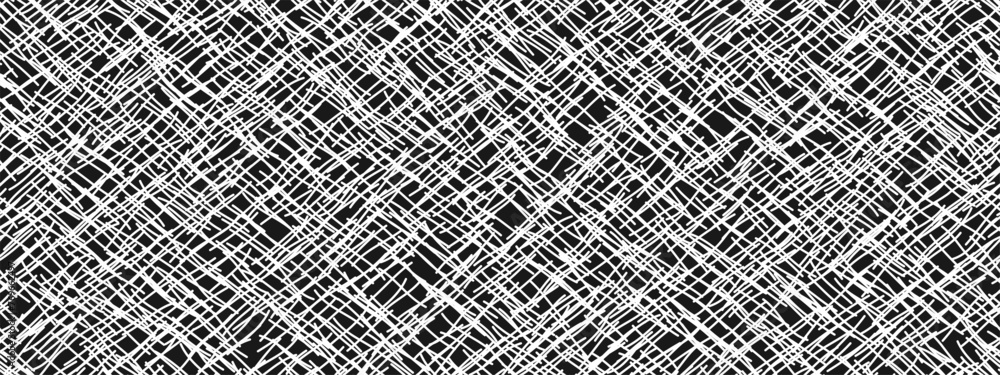 Poster random white seamless crosshatch pattern on black paper. an abstract texture with diagonal lines. ve