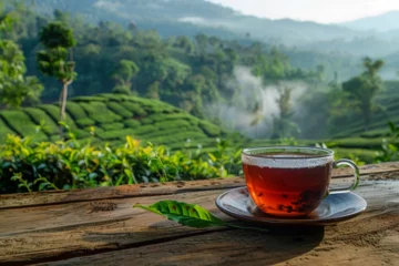 Selbstklebende Fototapeten Cup of hot tea and tea leaf on the wooden table and the tea plantations background © Zoraiz