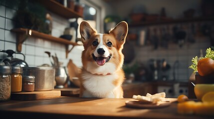 Cute welsh corgi dog sitting in the kitchen at home - obrazy, fototapety, plakaty