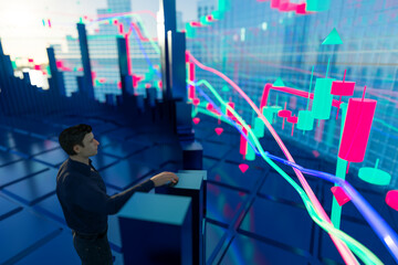 The trader analyzes the price movement of an asset. Abstract graphs and statistics. Trading and financial markets concept.