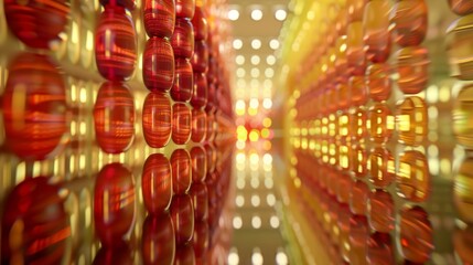 rows of red and yellow vitamin supplements, reflecting light and emphasizing their translucent nature, suggesting potential health benefits and abundance in the market.