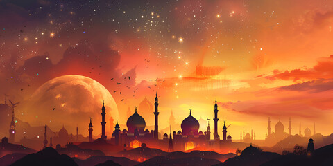 Ramadan Kareem Landscape Flat Islamic Background Mosque  - obrazy, fototapety, plakaty