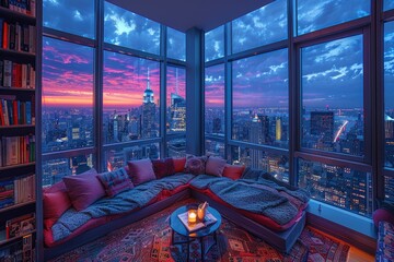 Fototapeta na wymiar an apartment building with the view of cityscape buildings glass windows with turkish arabic bedouin traditional designed comfortable sofa couch chair