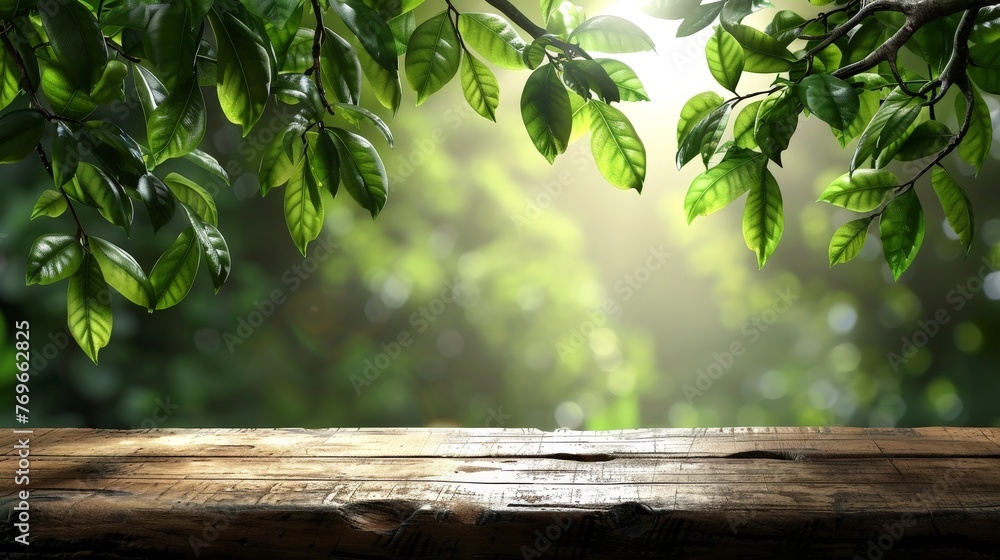 Poster A close-up view of a polished wooden table shimmering under soft lighting, with a blurred background adding a magical and ethereal effect