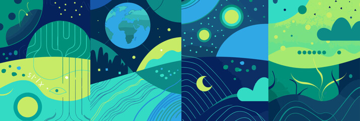 illustration of modern and eco-friendly Earth Day posters with geometric patterns and natural elements.