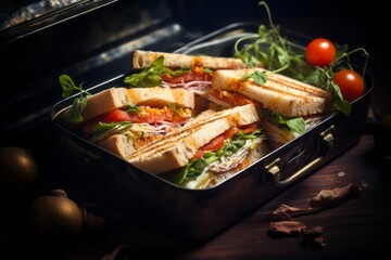 Tasty sandwiches in a bento box against a rusted iron background