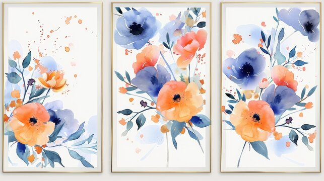 Blue flower watercolor art triptych wall art vector. Abstract art background with sweet orange and pink Floral Bouquets, Wildflower and leaf hand paint design for wall decor, poster and wallpaper