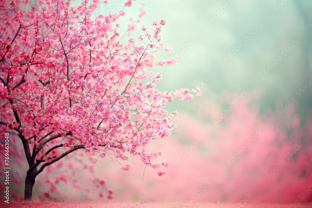 Poster a tree adorned with vibrant pink flowers sways gracefully in a gentle breeze, creating a serene and 