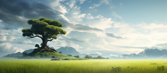 A solitary tree stands on a small island in a grassy field, under a vast sky filled with fluffy clouds. The natural landscape creates a peaceful horizon in the grassland - obrazy, fototapety, plakaty