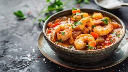 Fototapeta premium A bowl of shrimp stew with vegetables garnished herbs on a dark textured table.