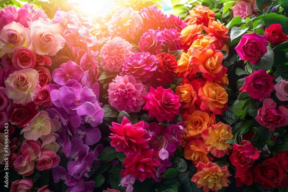 Poster A vibrant array of various flowers tightly clustered together in a colorful symphony of petals and stems