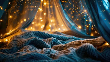 Cozy scene with a soft blue blanket and twinkling fairy lights draped over sheer canopy.
