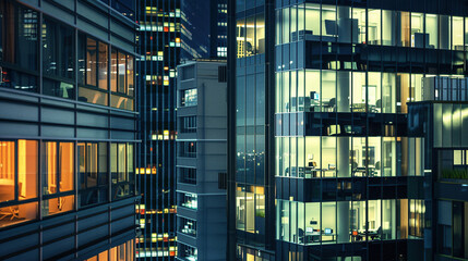 Row of Glowing Office Buildings at Night