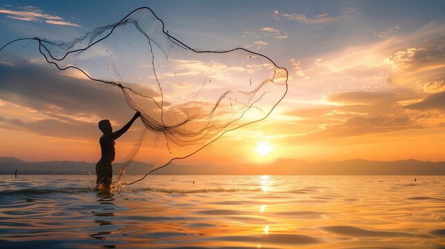 Silhouette of a person casting fishing net at sunset over tranquil waters with golden hues reflecting off the surface.