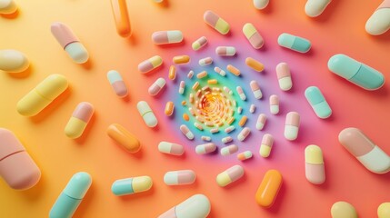 an array of colorful vitamin supplements artistically arranged in a spiral pattern on a vibrant background