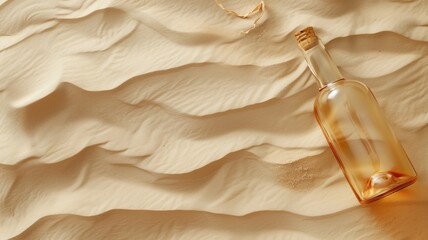 A glass bottle lies on rippled sand dunes, with sunlight casting shadows over the textured surface.