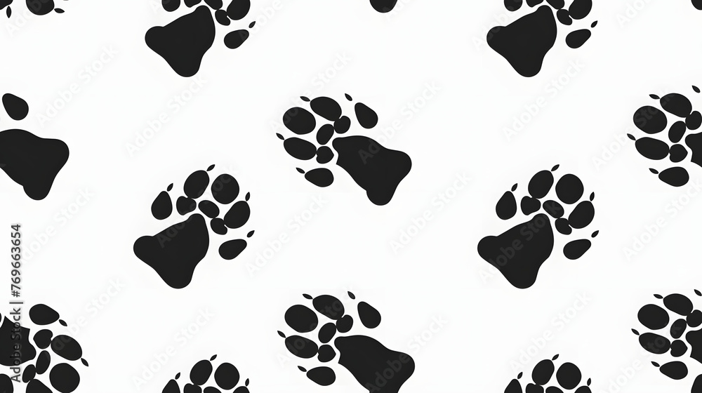 Sticker black paw prints in a seamless pattern on a white background,