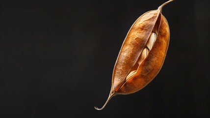 A single brown, dried pod with seeds visible, against a dark background. - obrazy, fototapety, plakaty