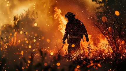Fototapeta premium A firefighter is walking through a field of fire