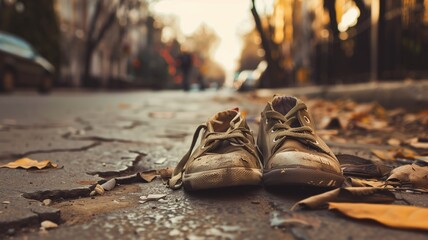 A pair of worn-out shoes on a street covered with autumn leaves at dusk. - obrazy, fototapety, plakaty