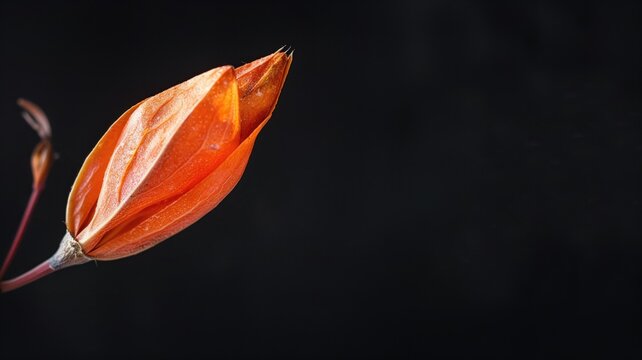 Close-up of an orange flower bud against a black background, exhibiting delicate and vibrant appearance.