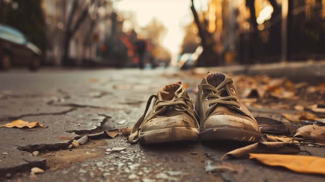 A pair of worn-out shoes on a street covered with autumn leaves at dusk.