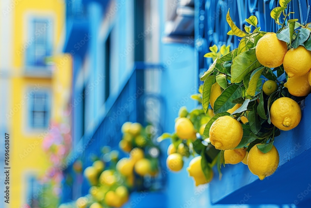 Poster A vibrant bunch of lemons hanging gracefully a striking blue wall, creating a beautiful visual display