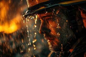 A firefighter is wearing a yellow helmet and is drenched in rain