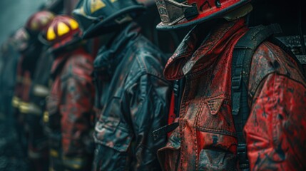 Fototapeta na wymiar A group of firefighters are standing in a line, all wearing red jackets