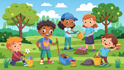 a vector illustration of kids volunteering cleanin 