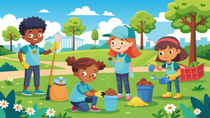 Obraz na płótnie Canvas a vector illustration of kids volunteering cleanin 